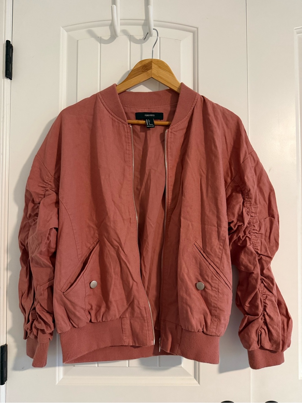 Forever 21 Rose Mauve Ruched-Sleeve Bomber Jacket